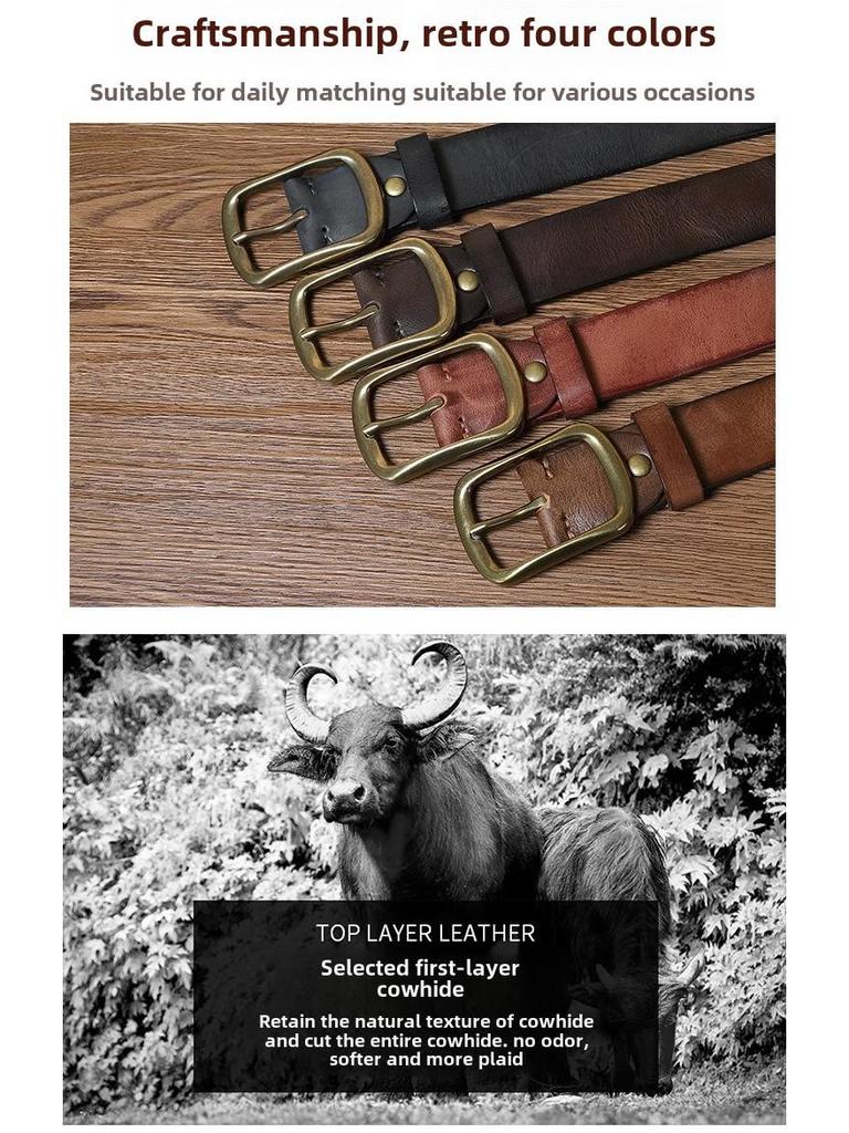 Męski modny pasek ze skóry retro szczotkowanej ręcznie z miedzianą klamrą szpilkową