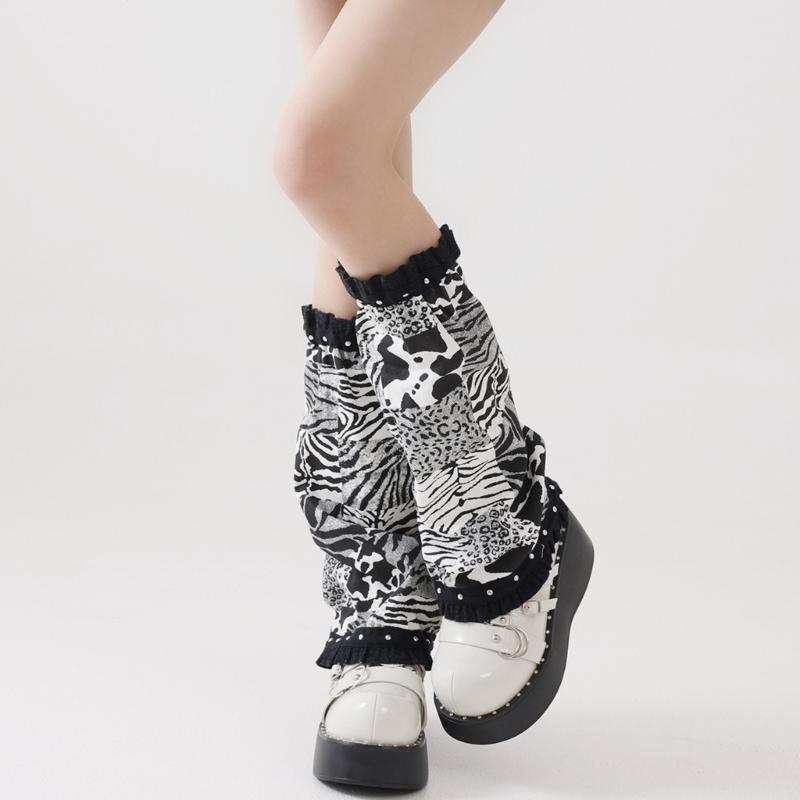 Punk Ruffled Trim Leg Warmers Subcultures Leopard Print Patchwork Denims Leg Cover Baggy Loose Flared Socks for Women
