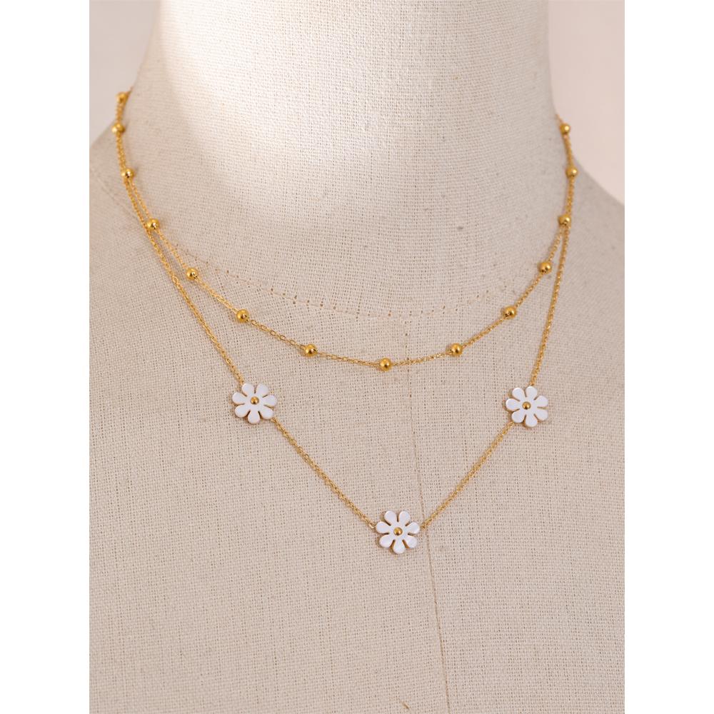 Yhpup Exquisite Natural Shell Flower Double Layer Chain Overlay Necklace 18K Golden Plated Stainless Steel Fashion Jewelry Gift