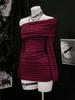 Autumn Winter Striped One-Shoulder Long-Sleeve Y2K Knit Hip-Hugging Dress