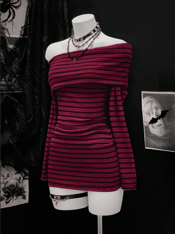 Autumn Winter Striped One-Shoulder Long-Sleeve Y2K Knit Hip-Hugging Dress