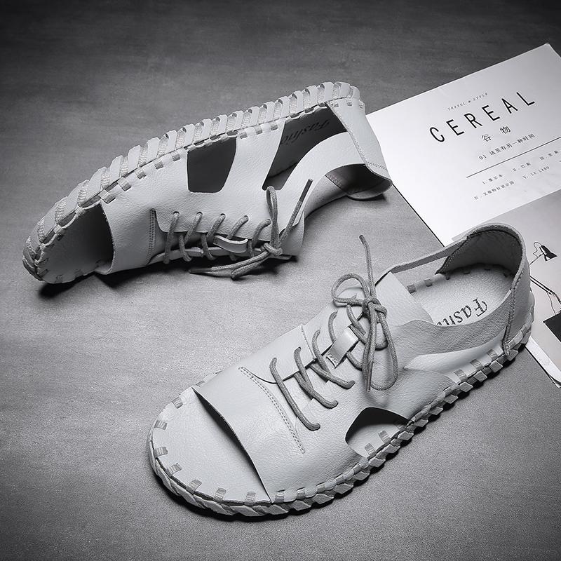 Fashion Summer Hot Selling Men's Leather Casual Shoes Hollowed Out Cool Daily Flat Shoes Men's Beach Sandals Lace Up Handmade Soles