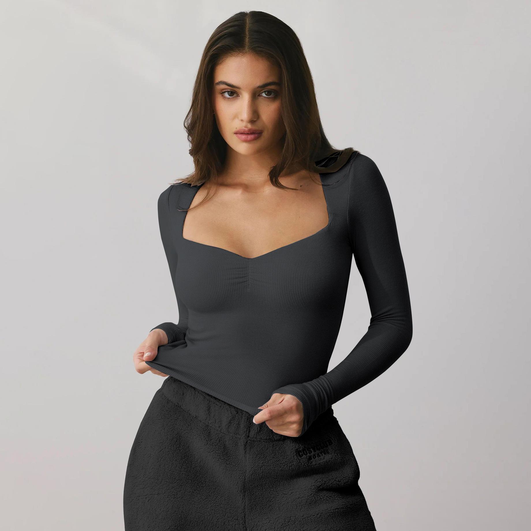 

Длинный рукав нижняя рубашка модная облегающая футболка квадратный вырез сексуальный женский топ S