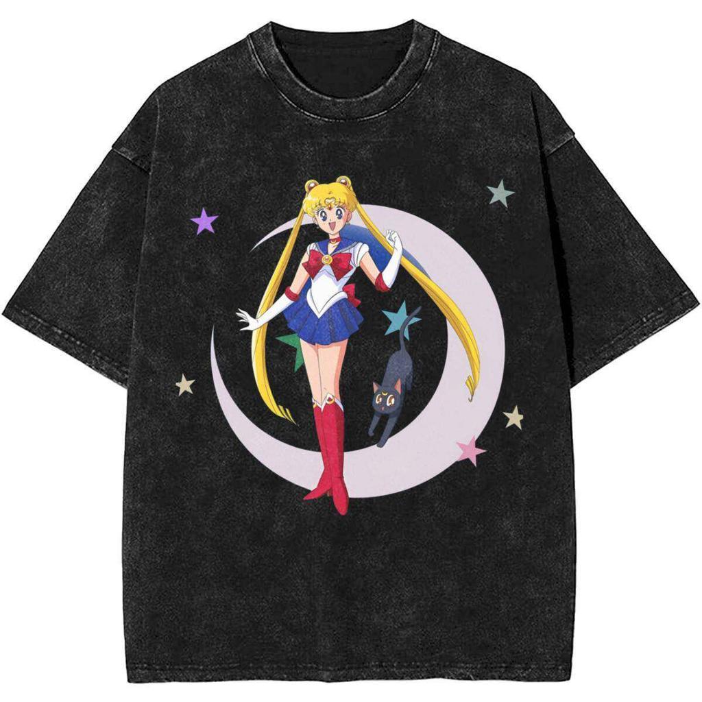 Rare Sailors Moon Summer Fashion Washed Black Cotton Pure Cotton Roundneck Shortsleeved Tshirt For Unisex