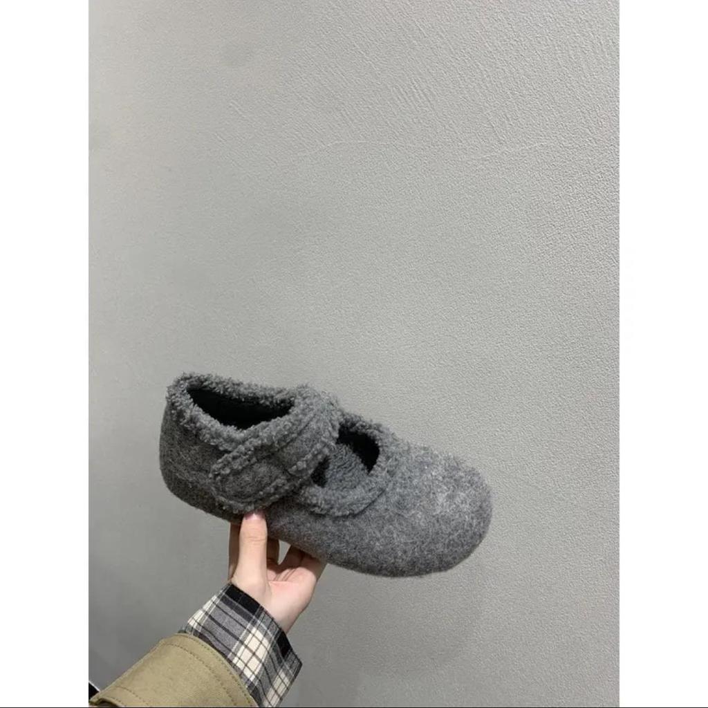 Retro suede inner heightening Mary Jane shoes women's 2024 winter small high-heeled plush warm fluffy cotton single shoes