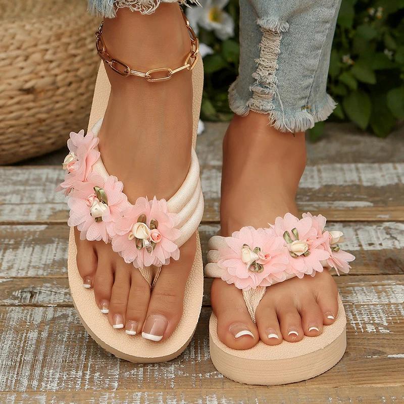 Fashion Fashion Flower Decoration Women's Flip Flops 2025 Summer Comfort Non Slip Beach Slippers Woman Lightweight Clip Toe Flat Sandals
