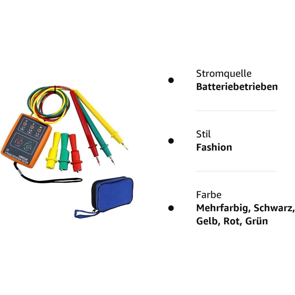 Phase Tester Rotation Field Meter AC60V~600V, 3 Sequence Presence Tester Indicator Detector Meter with Crocodile Clips and Buzzer Tester High Voltage