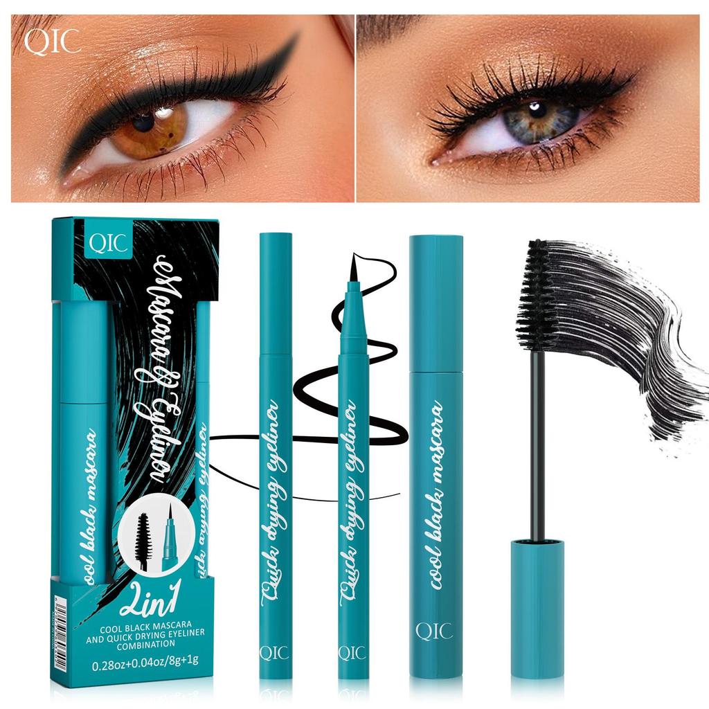 Kit mascara eyeliner QIC scatola verde, mascara waterproof e anti-macchia, base per ciglia lunghe
