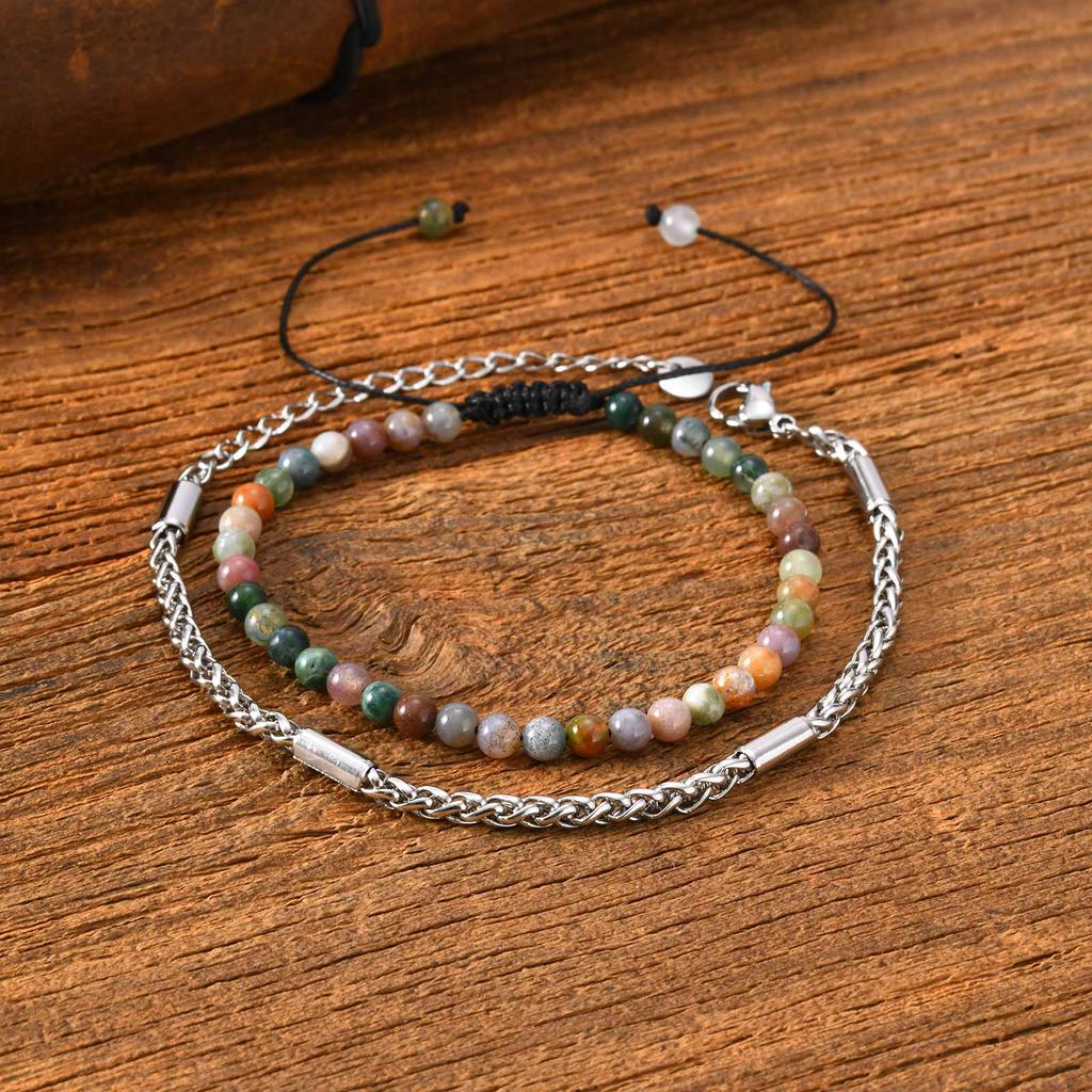 Vnox 2pcs/Set Adjustable Natural Stone Beads Bracelet for Men, Stainless Steel Chain Bracelets and Beads Bracelet Jewelry Set
