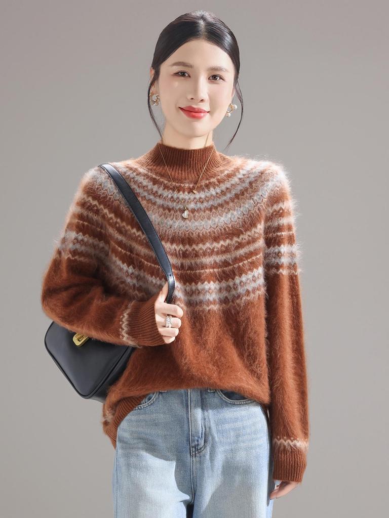 Women's Loose Fair Isle Brushed Wool Sweater - New Autumn/Winter Style with Thick Half-High Collar