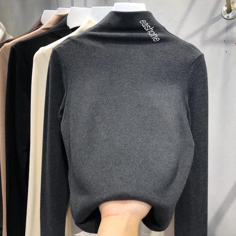 Harajuku Half Turtleneck Casual Slim Fleece Thick Bottoming T-shirt Autumn Winter Velvet Long Sleeve Solid T Shirt Women Top