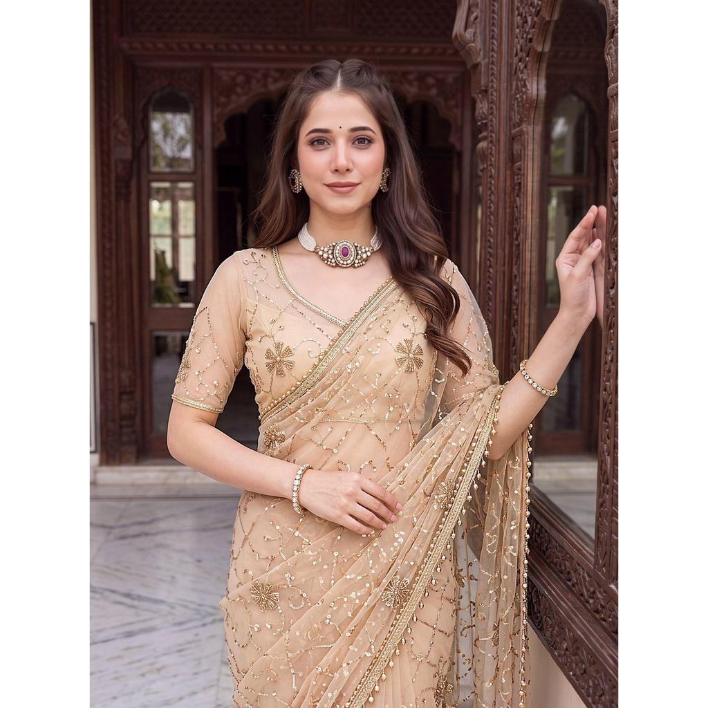Premium Net Saree with Beads, Sequins & Pearl Embroidery