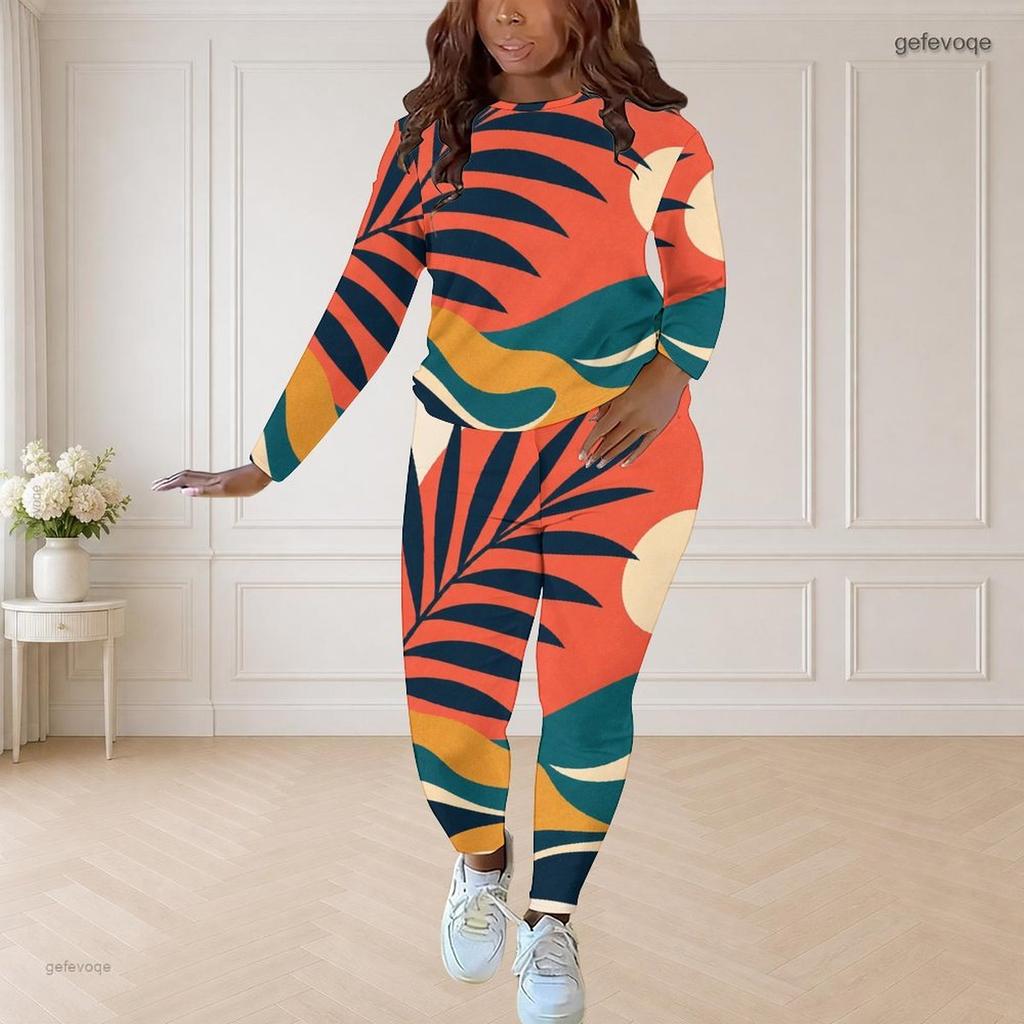 Women Plus Size Round Neck Long Sleeve Tropical Printed Fitted Pants Two Piece Set