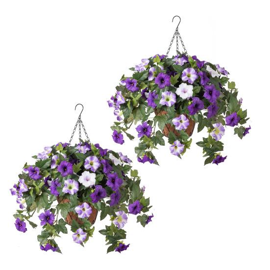 Artificial Hanging Fake Flowers with Basket Outdoor UV Resistant Faux Silk Morning Glory Vines Plants for Porch Patio Garden Balcony Yard Spring
