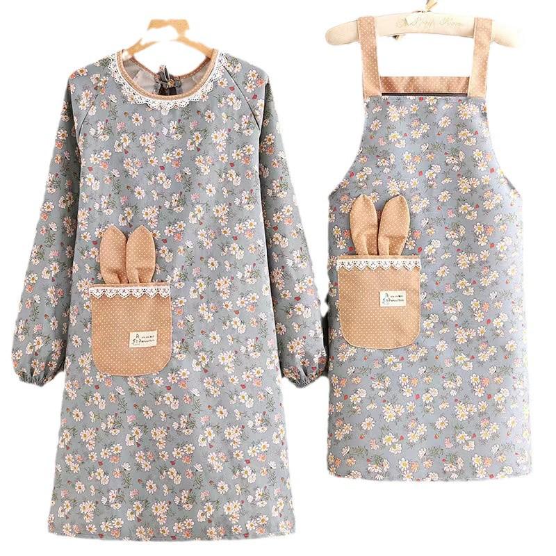 Schürze aus Canvas mit langen Ärmeln im koreanischen Stil mit Blumenmuster: Niedlicher, Atmungsaktiver, Verschleißfester, Ölabweisender Küchenkittel für Damen