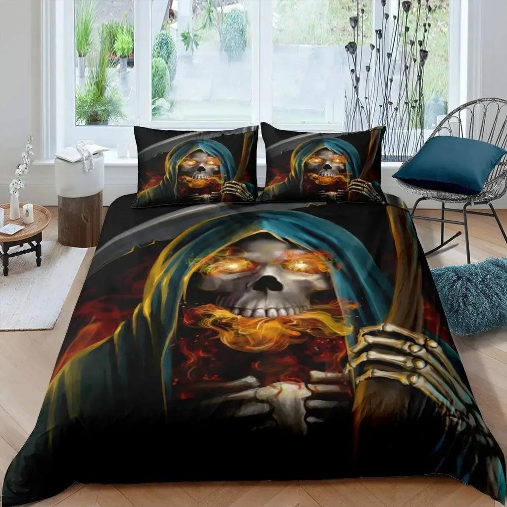 Black Blue Flame Skull Duvet Cover Set Full Size 3D Skeleton Bones Bedding Set Gothic Comforter Cover Horror Skull Quilt Cover