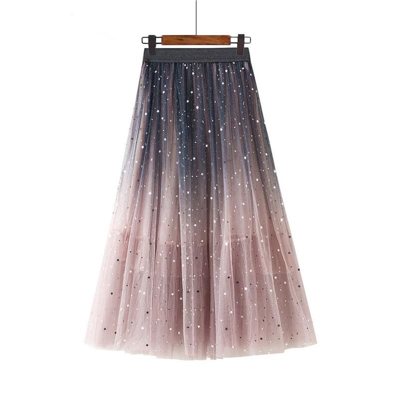 Sommerliches Pailletten-Traumkleid aus Tüll, mittellang, Farbverlauf, Stern-Pailletten-Galaxie-Kleid, modischer A-Linien-Rock mit hoher Taille