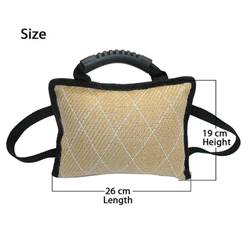 Durable Small Dog Training Bite Tug Toy Linen Bite Pillow Puppy Interactive Pet Toy with 3 Handles Pet Supplies
