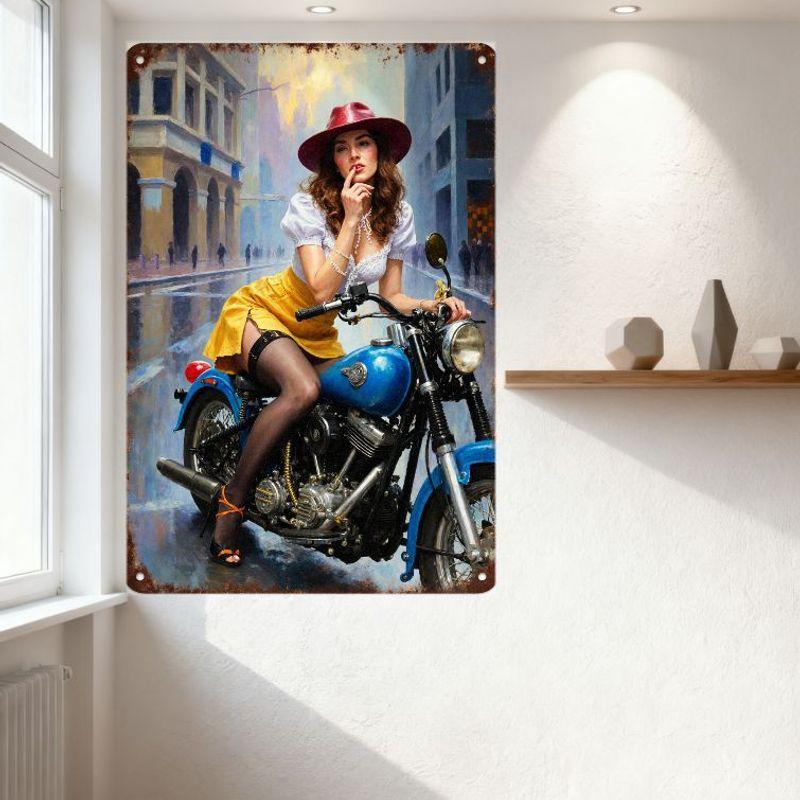 Vintage Metal Sign Woman on Blue Motorcycle Urban Rainy City Scene Retro Aesthetic Home Decor Art Plaque for Bar Cafe Man Cave