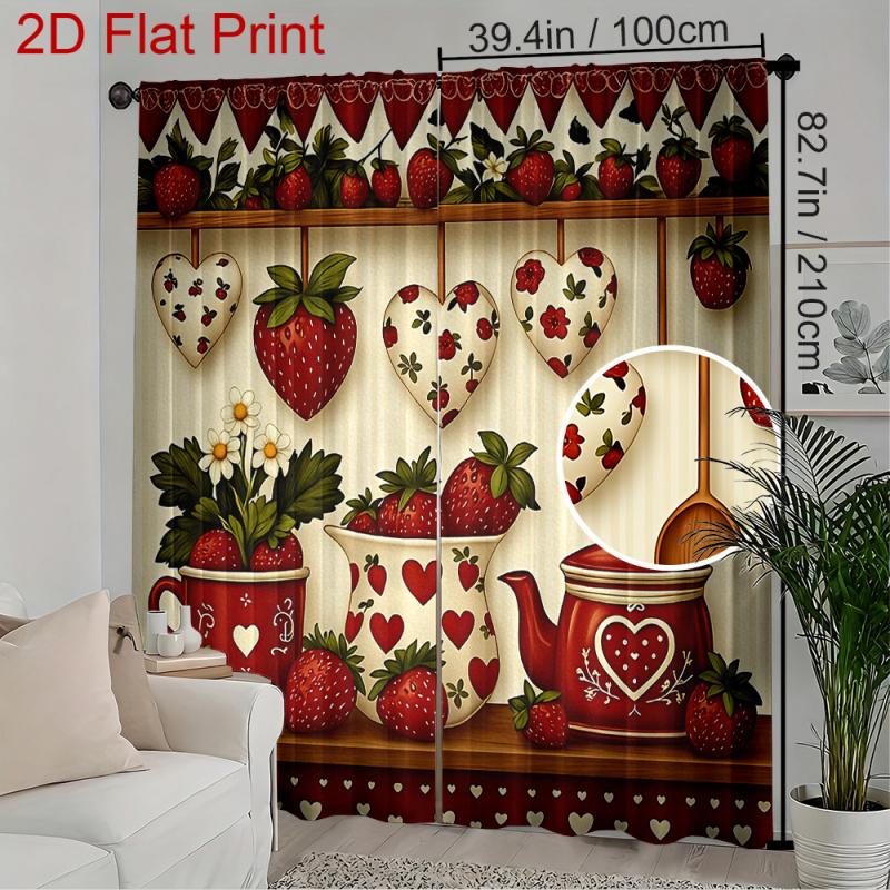 VIKAMA 1/2Pcs Strawberry Blackout Rod Pocket Curtain, Heart Leaves Print Polyester For Living Room Kitchen Bedroom