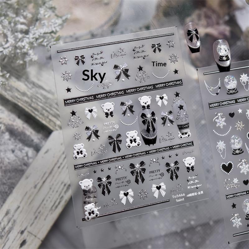 Pretty Snowflake Bow Crystal Ball Nail Art Sticker Embossment Self Adhesive Nail Sticker New Year Christmas Manicure Decals Gift