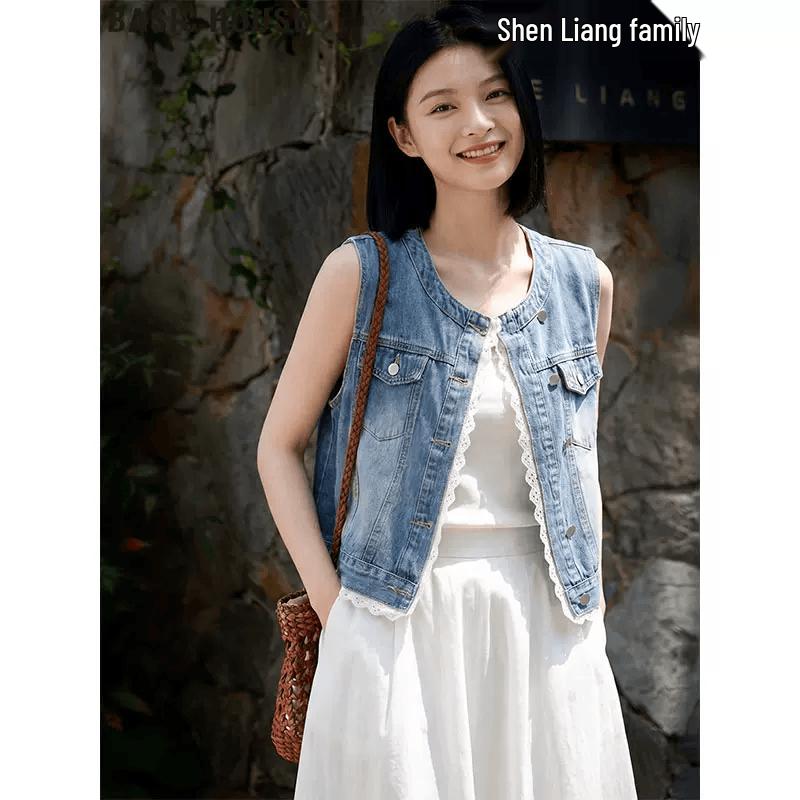 Basic House Women s Blue Denim Vest with Lace Splicing M