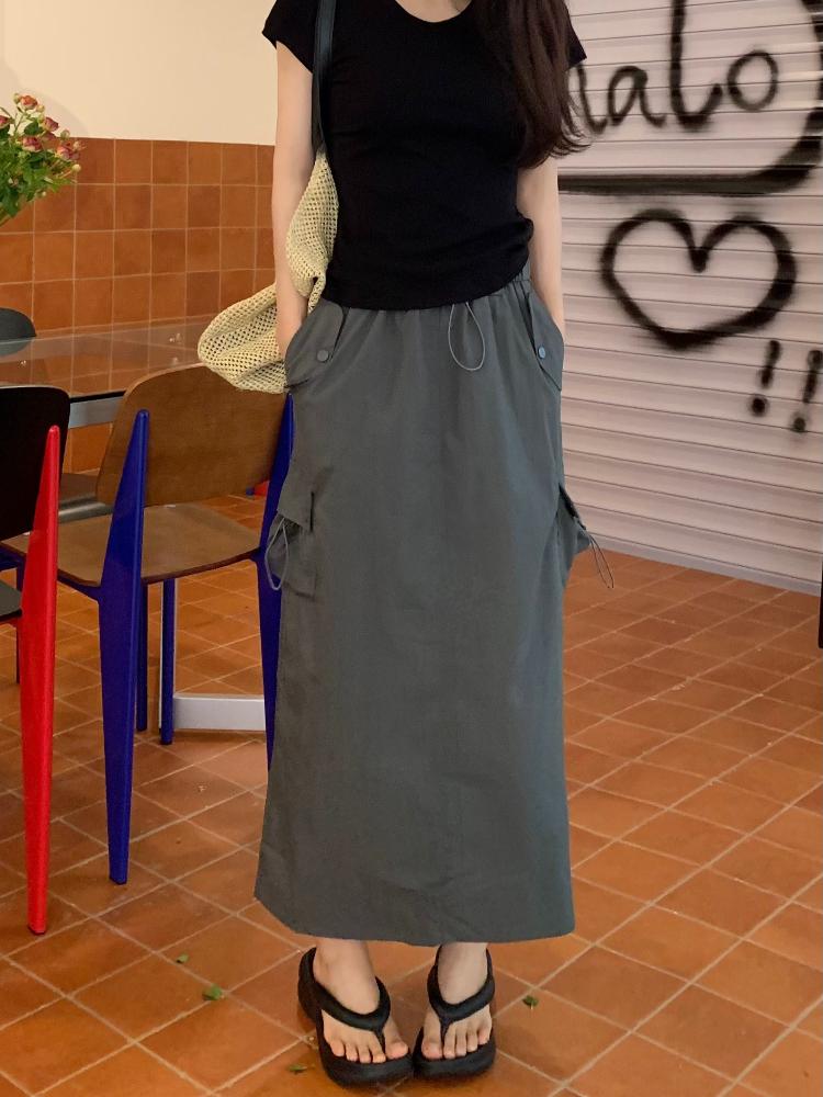 Chic Drawstring Pocket Design Cargo Skirt Women Summer Retro High Waist Gyaru Split Long Skirts Harajuku Fashion Streetwear New