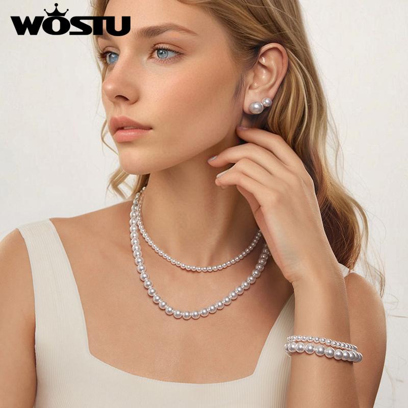 WOSTU 925 Sterling Silver Shell Pearl Stud Earrings For WOmen Wedding Jewelry White Pearl Engagement Ear Studs Party Gift 8-12MM
