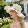 Beach Hat Wave Lace Trim Design Tulip Bow Decor Full Face Sun Protection Large Brim UV Blocking Summer Straw Hat