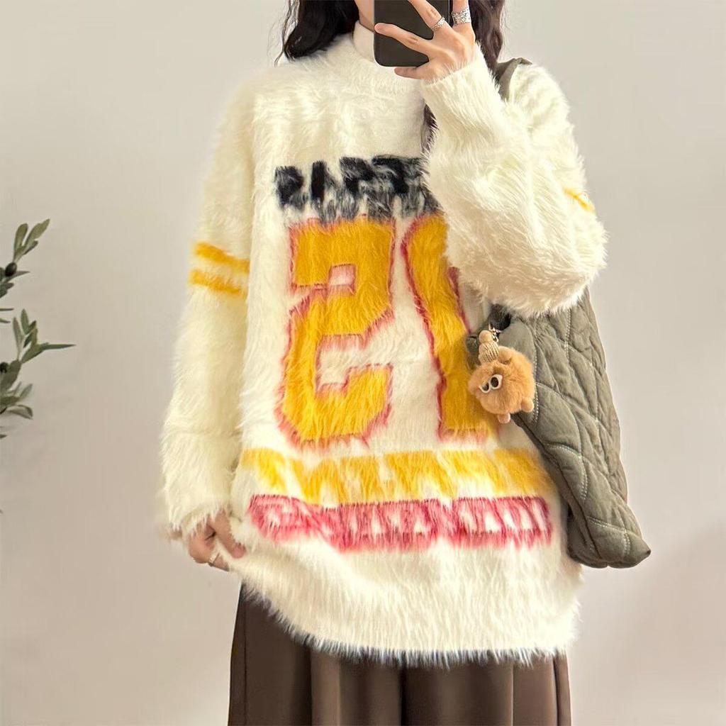 2024 Autumn/Winter Men's Retro Street Racing Style Jacquard Faux Mink Sweater