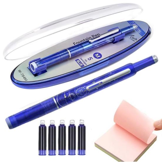 Zasouvací plnicí pero s jemným hrotem 0,38 mm, černé/modré inkoustové, průhledné tělo, s 5 plnitelnými inkoustovými náplněmi