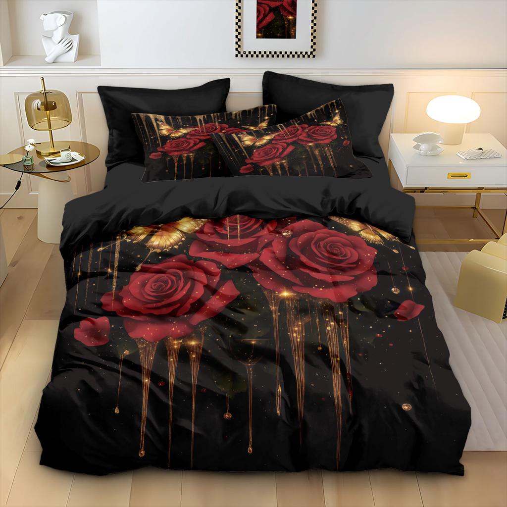 Bed Three-Piece Rose 3D Digital Printing Abrasive Pillowcase Quilt Cover Kit