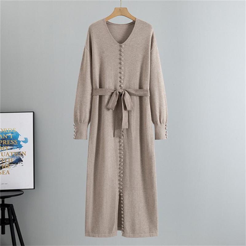 

Осенне-зимнее женское базовое вязаное длинное платье с V-образным вырезом, свободное, большого размера, однотонное One Size пшеничный