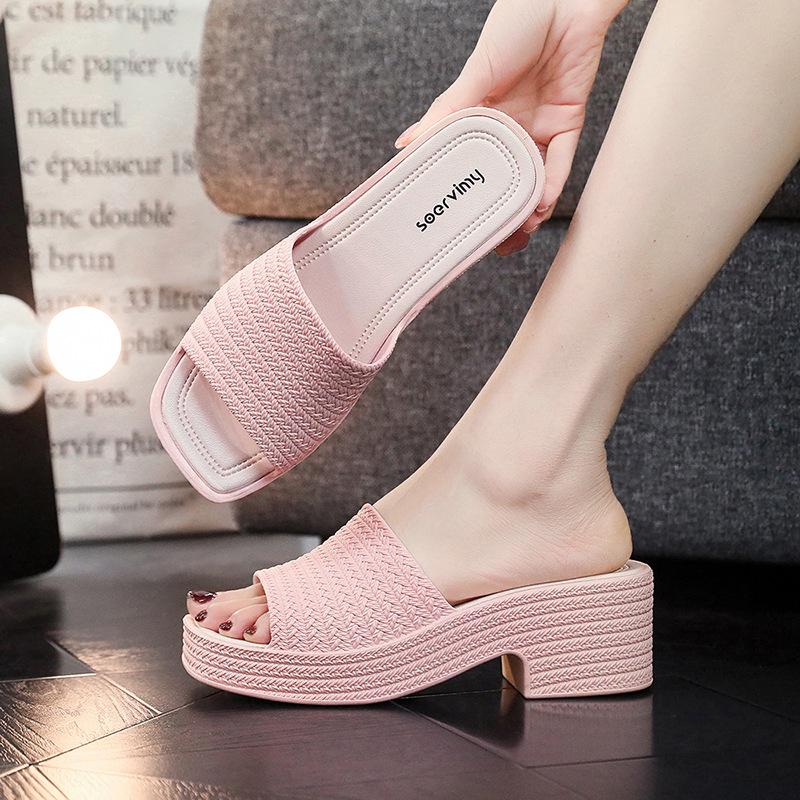 Women's Non-Slip Chunky Heel Slippers – Lightweight, Thick Sole, One-Strap Summer High Heels for Height Increase