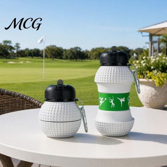 Reusable Hiking Bottle Spherical Collapsible Silicone Cup, Golf Ball Shaped Water Foldable Travel Cup with Push Design Flip Lid & Metal Carabiner,