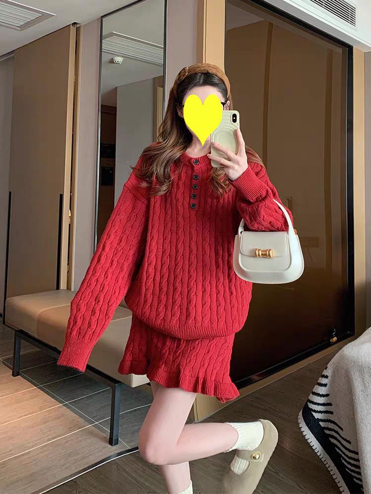 2026 Autumn/Winter Korean-Style Casual Loose Knit Fishtail Skirt & Cable Knit Pullover Sweater Set for Women