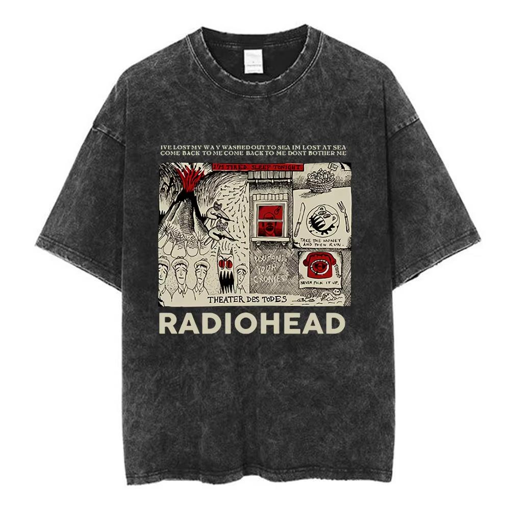 Rock Band Radiohead The Bend Funny Cat Vintage Washed Tshirts Men Women Fashion Hip Hop T Shirts Cotton Male Tshirt Streetwear