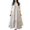 Women Cotton Linen Asymmetric Large Swing Button Loose Long Sleeve Maxi Dress