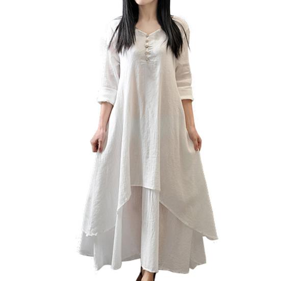 Women Cotton Linen Asymmetric Large Swing Button Loose Long Sleeve Maxi Dress
