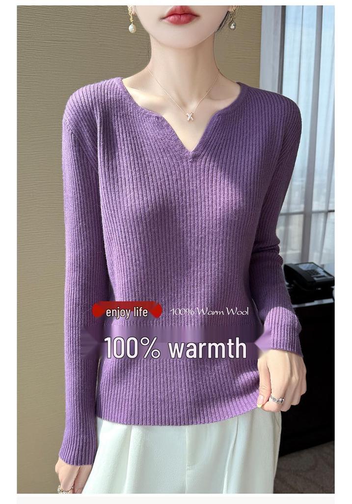 Women's Ribbed Wool V-Neck Sweater, Slimming Fit, Autumn/Winter Pullover