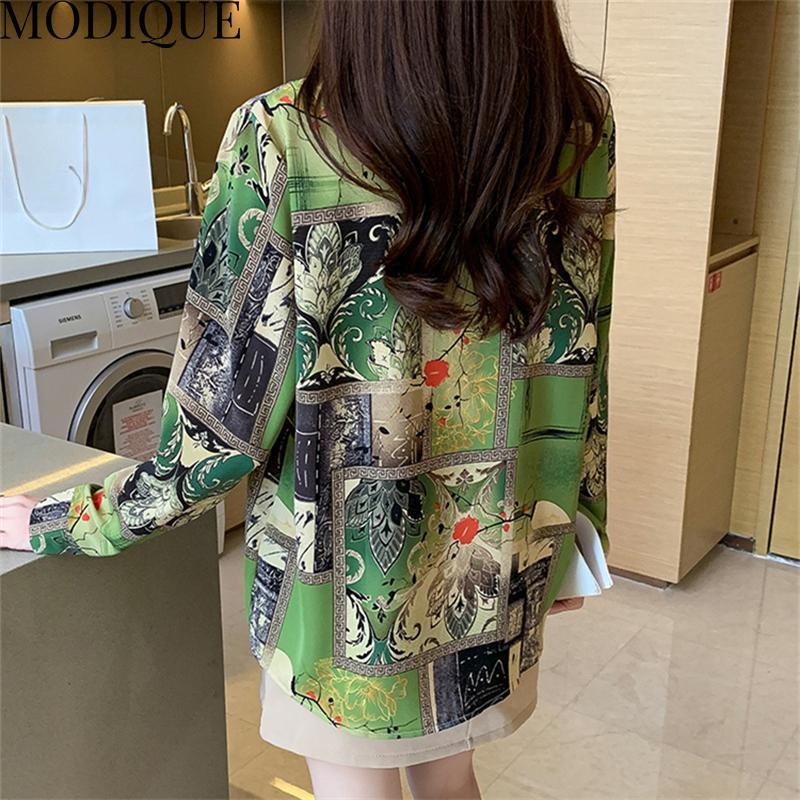 MODIQUE Jaro Léto Nadměrné velikosti Dámské Volné Elegantní Bavlněné Hedvábné Květinový Vzor Halenky Košile Dámská Móda Oversized Výstřih do V Dlouhý Rukáv Kabáty