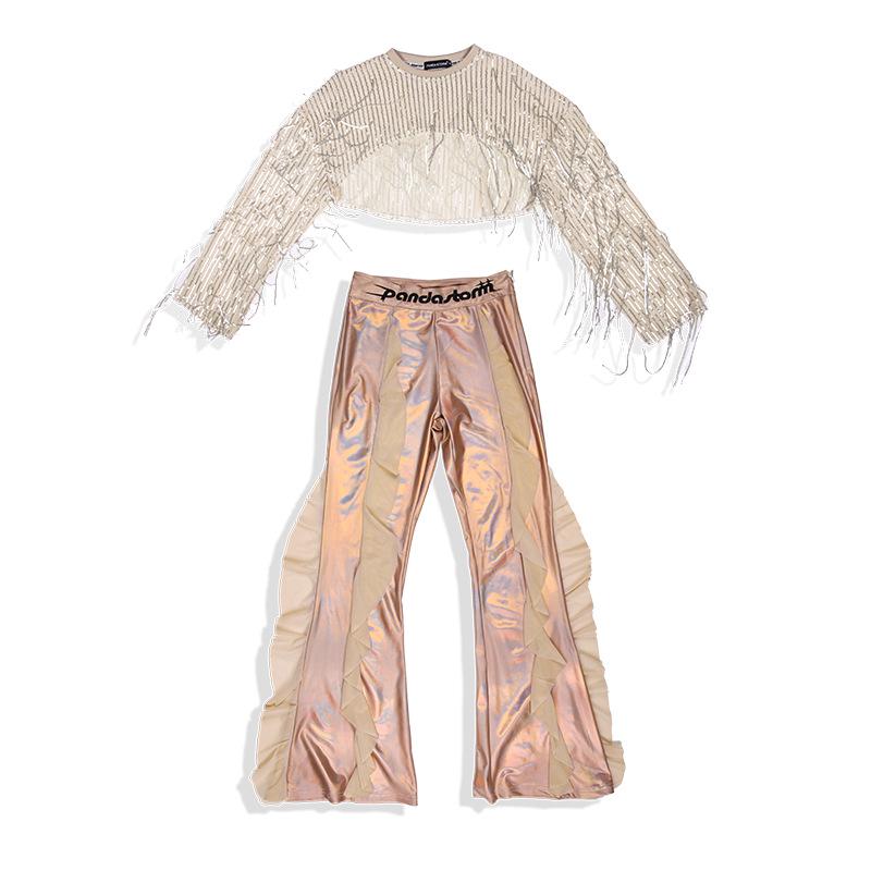 Girls' Sequin Tassel Jazz Dance Outfit - Mesh Long Sleeve & Pants Set for Street & Performance