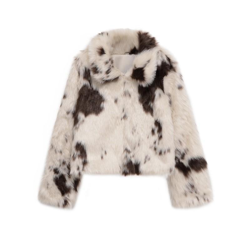 Faux Fur Animal Print Jacket Short Coat Womens Korean Style Casual Outerwear