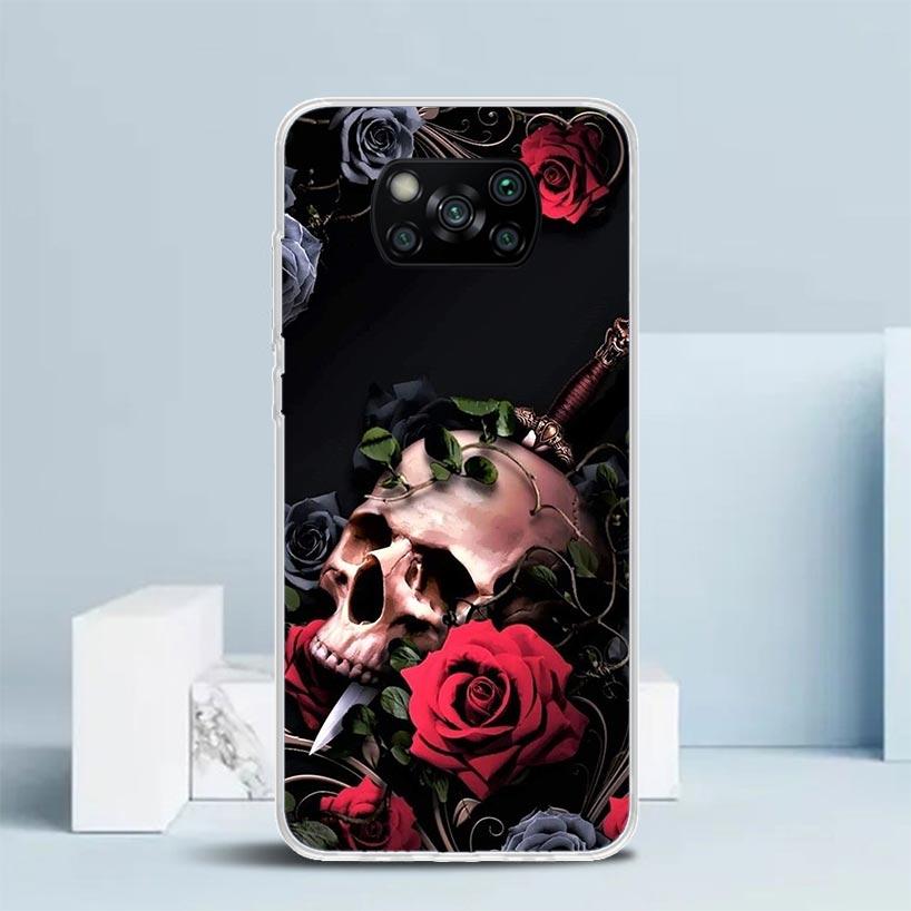 Human Skeleton Red Rose Phone Case For Xiaomi Poco F7 Ultra X5 X6 X7 Pro M7 Redmi 15C 15 13C 13 12C 12 10C 10 10A 9 9C 9A 9T Cov