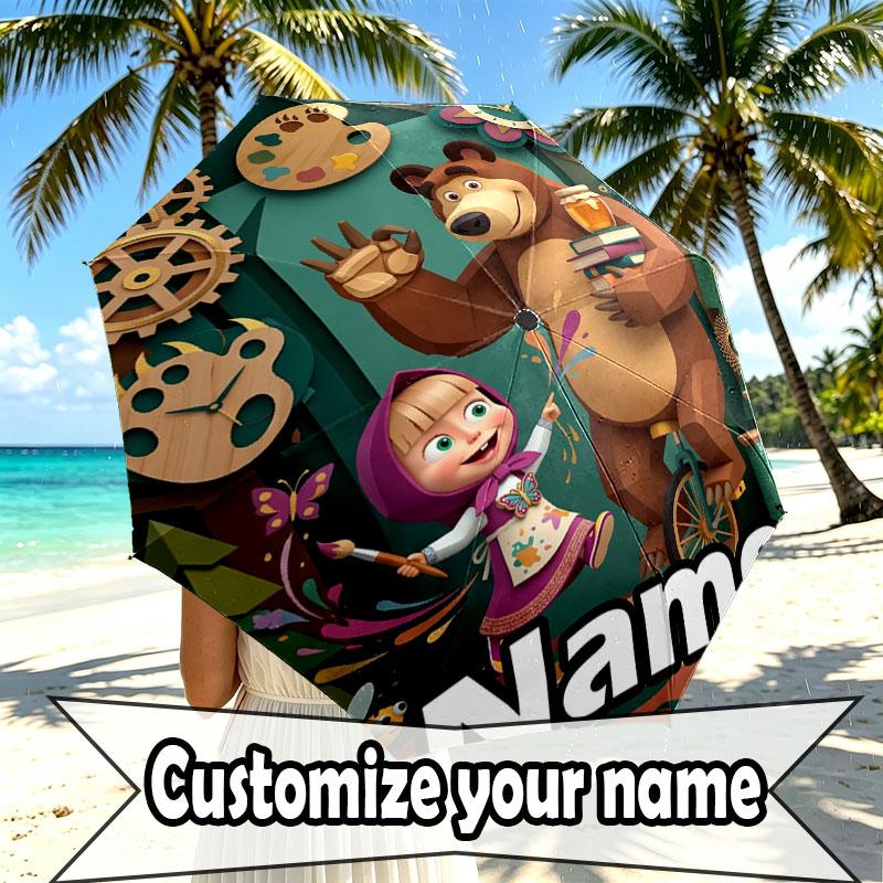 Custom Name Personalized Masha and the Bear Print Umbrella, Auto Open Close, 8‑Rib Sturdy Frame, Commute Camping Hiking Use, Birthday Gift