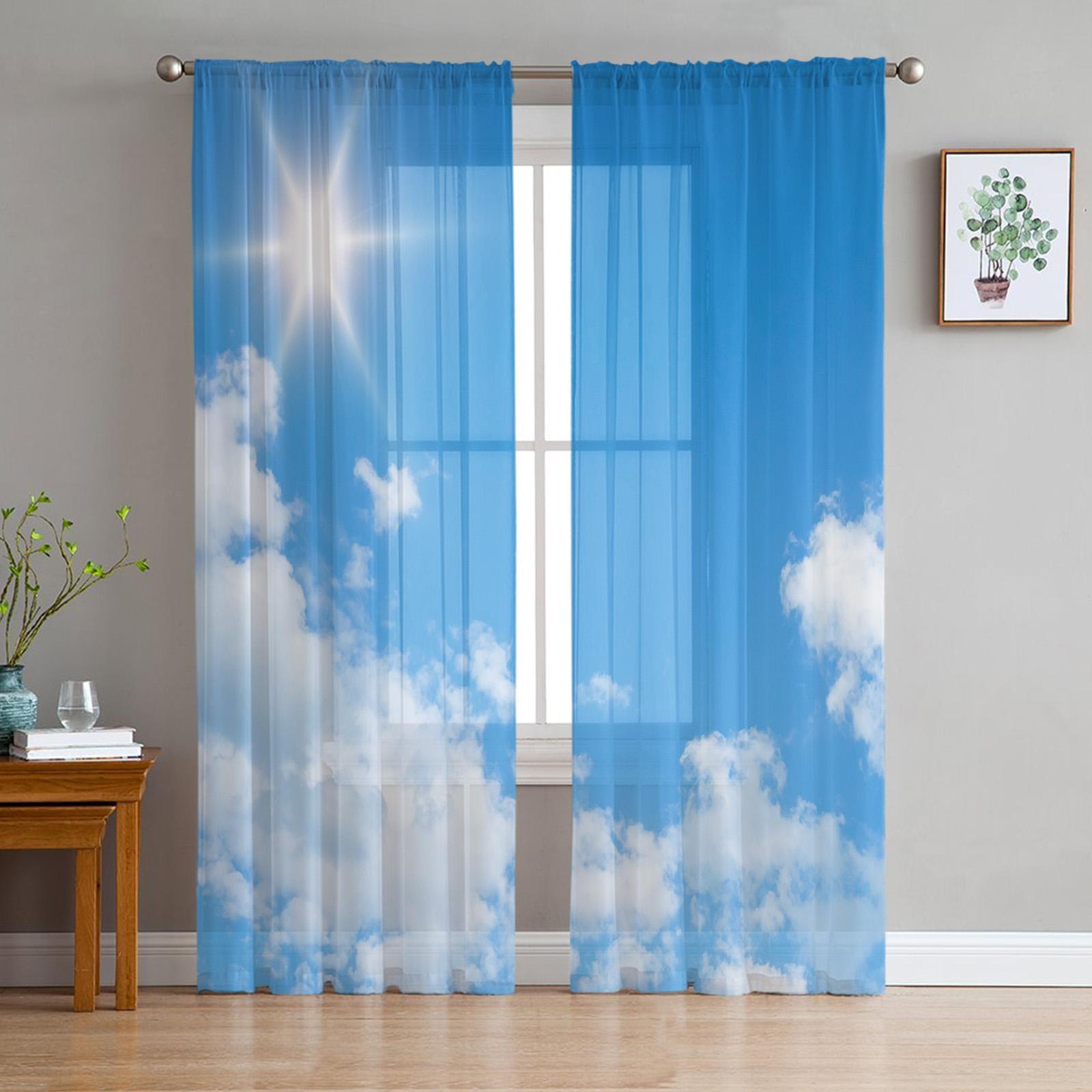 Blauwe Lucht Witte Wolken Grasland Transparante Gordijnen voor Woonkamer Voile Gordijn Slaapkamer Badkamer Tule Gordijnen Raamgordijnen 135W x 160H(cm)