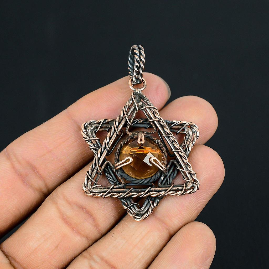 Citrine Gemstone Handmade Pure Copper Wire Wrap Jewelry Pendant For Thanksgiving
