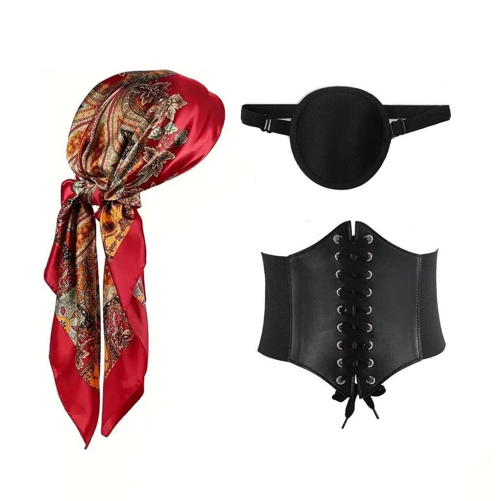 Halloween Cosplay Pirate Accessory Set: Headscarf, Belt, Necklace, Bracelet
