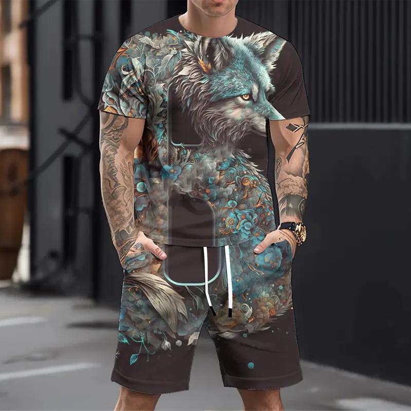 Men's Casual Sports Suit Printed 3D Fierce Wolf Pattern Suit, Summer Casual Breathable Suit