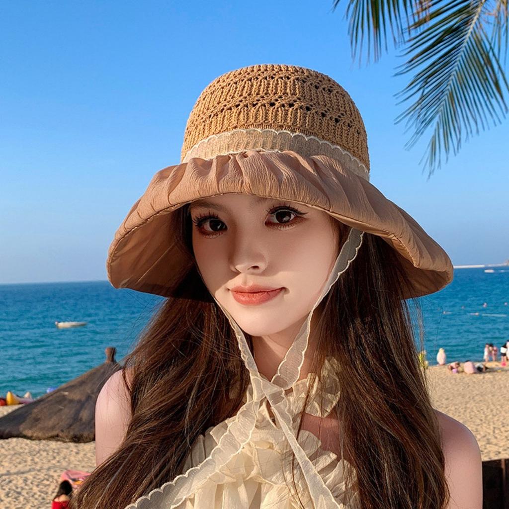 Lace Sun Hat Women's Summer UV Protection Fisherman Sunscreen Hollow Bow Ponytail Beach Eaves Breathable